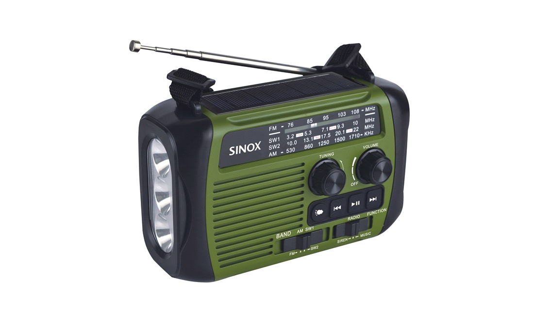  Nødradio FM/AM med håndsving, solcelle, lygte, powerbank
