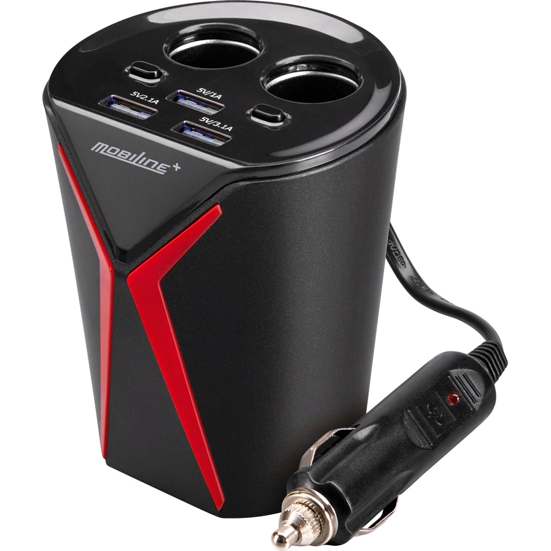 Mobiline 2-i-1 Adapter 12v 10a 3xusb t.Koppholder