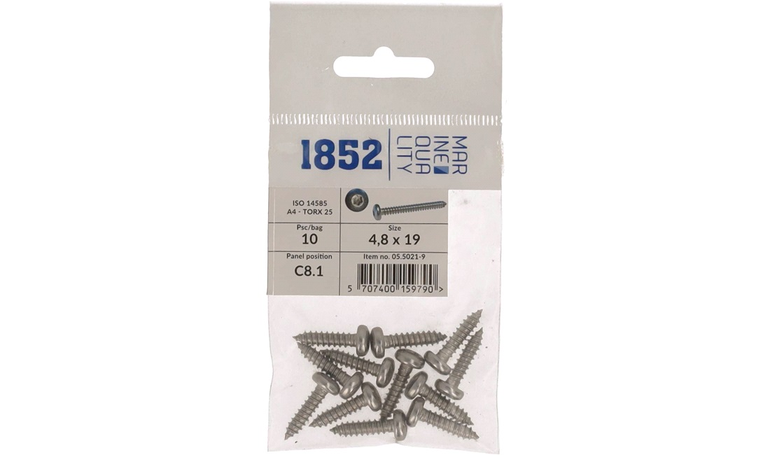  Skrue Panhode 4,8x19 a4 torx 10 stk