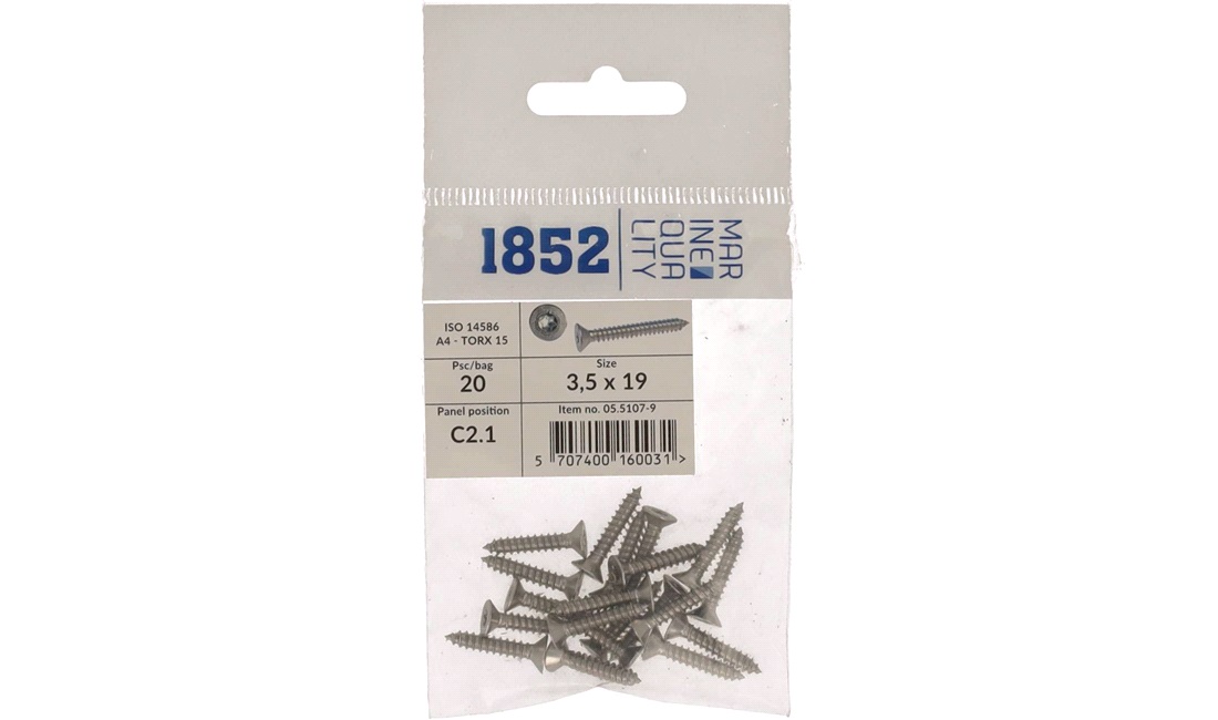  Skrue nedsenket 3,5x19 a4 torx 20 stk