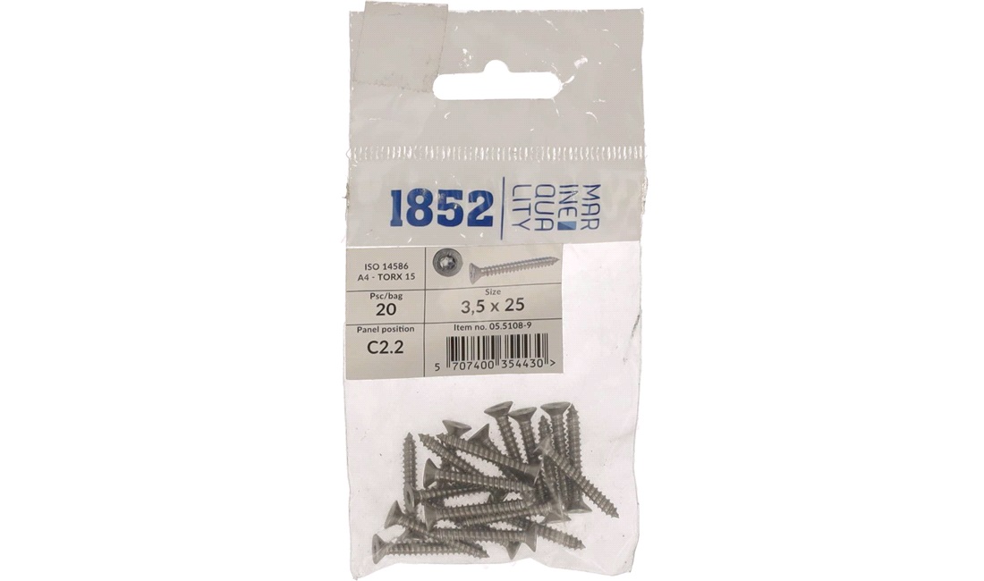  Skrue nedsenket 3,5x25 a4 torx 20 stk