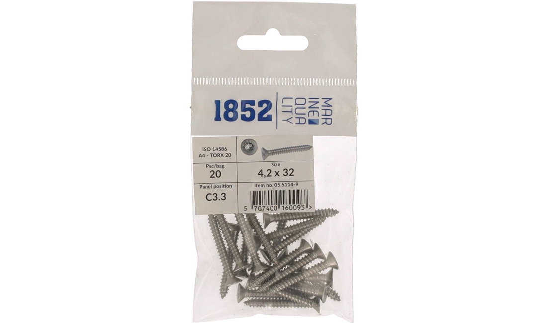  Skrue nedsenket 4,2x32 a4 torx 20 stk