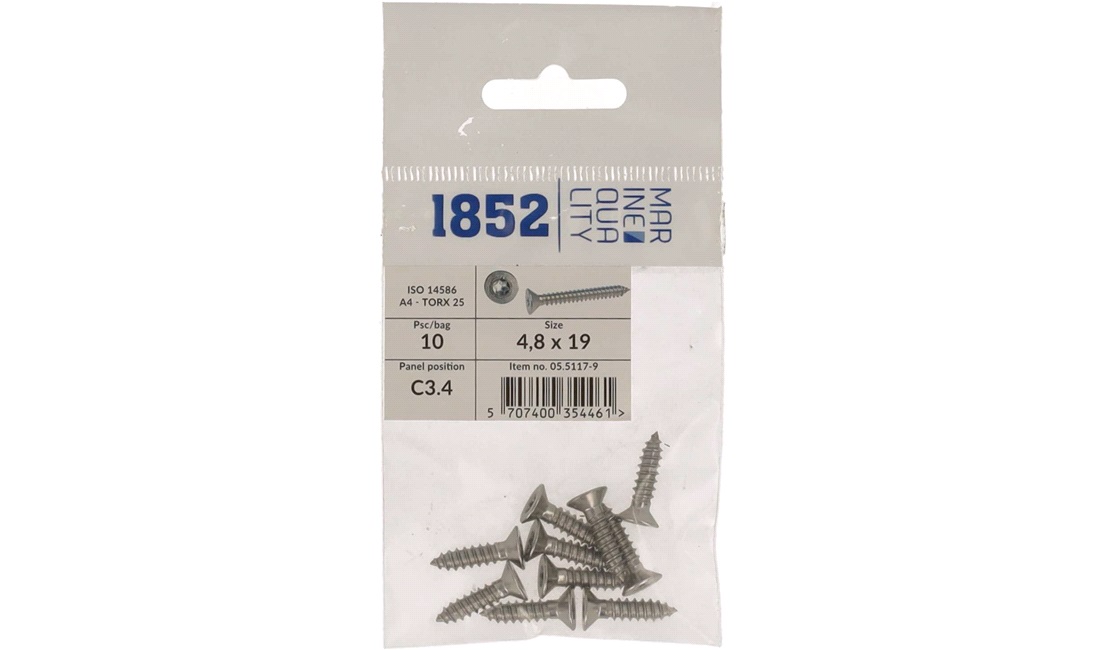  Skrue nedsenket 4,8x19 a4 torx 10 stk