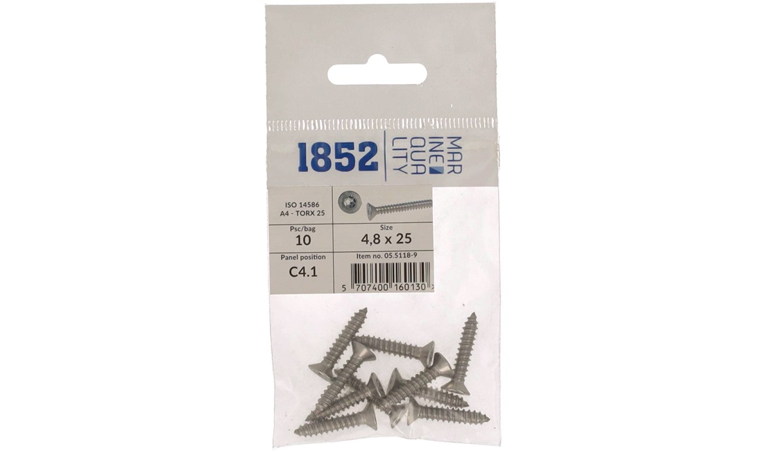  Skrue nedsenket 4,8x25 a4 torx 10 stk