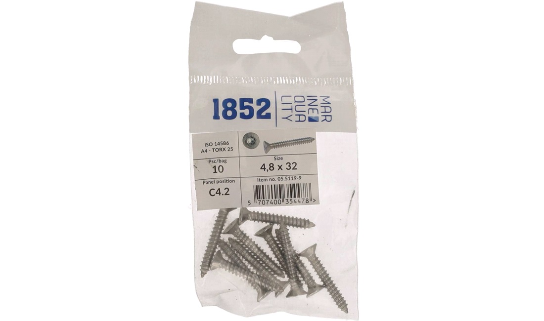  Skrue nedsenket 4,8x32 a4 torx 10 stk