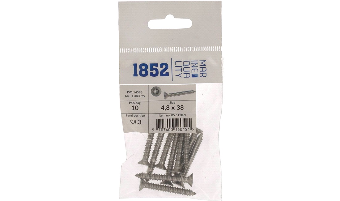  Skrue nedsenket 4,8x38 a4 torx 10 stk