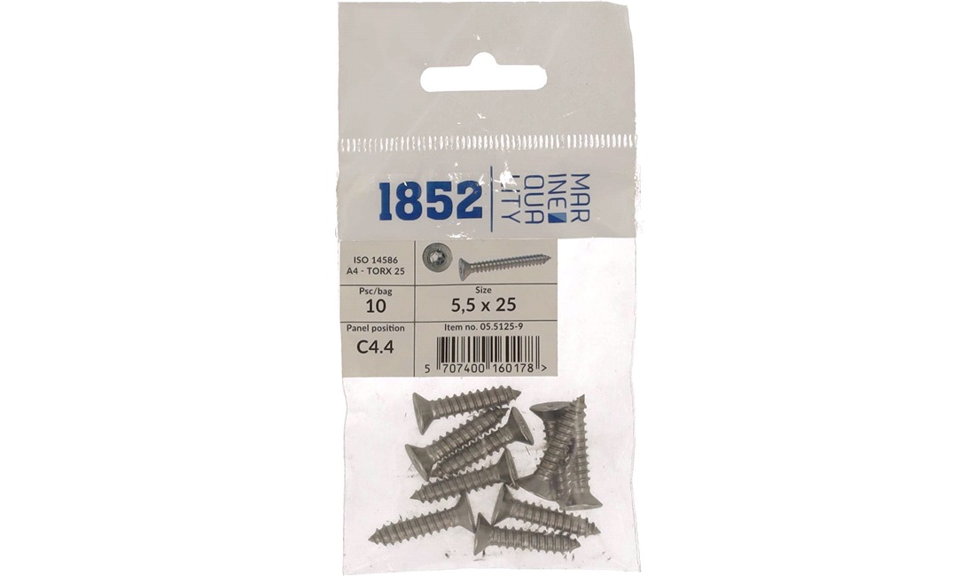  Skrue nedsenket 5,5x25 a4 torx 10 stk