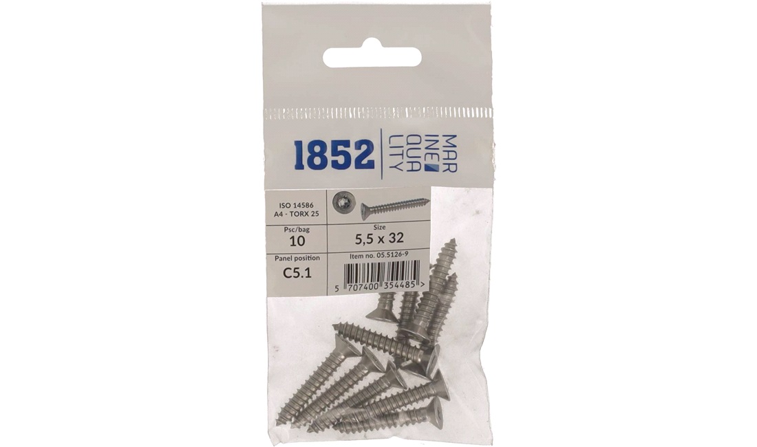  Skrue nedsenket 5,5x32 a4 torx 10 stk