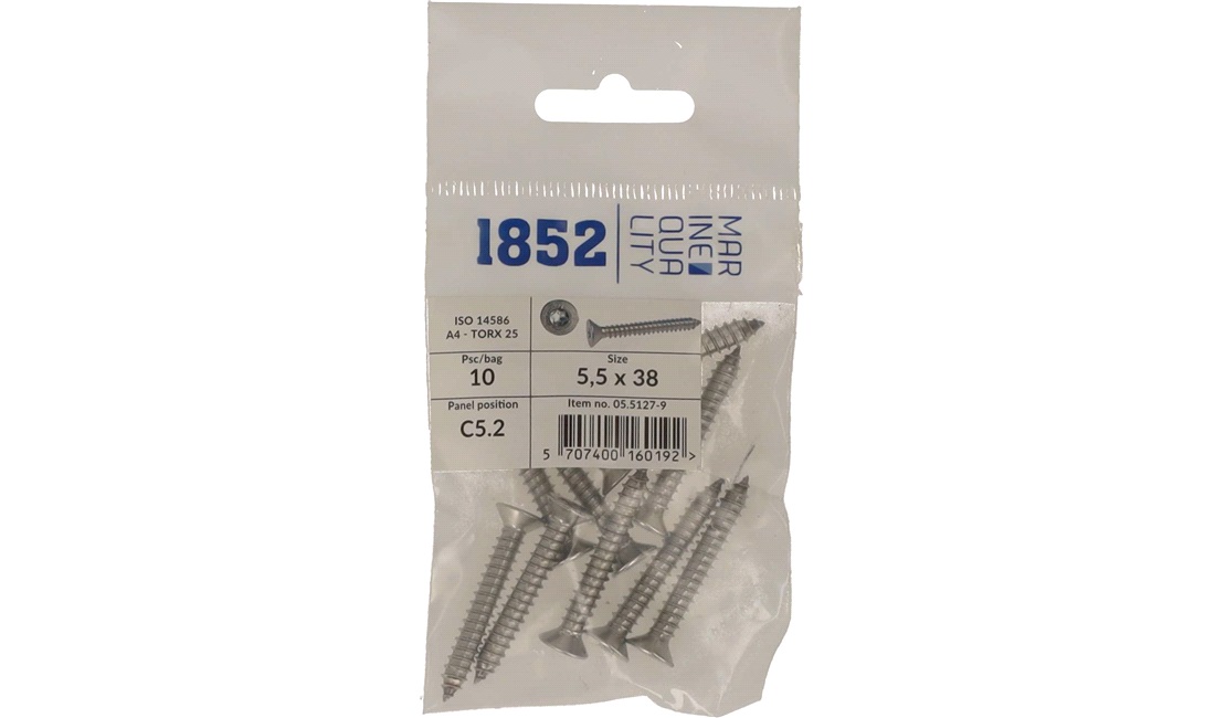  Skrue nedsenket 5,5x38 a4 torx 10 stk