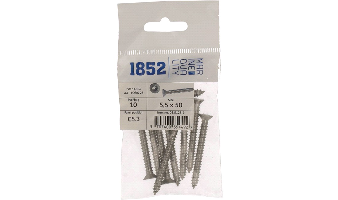  Skrue nedsenket 5,5x50 a4 torx 10 stk