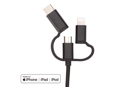 3-i-1 kabel. Lightning/Type C/Micro-USB