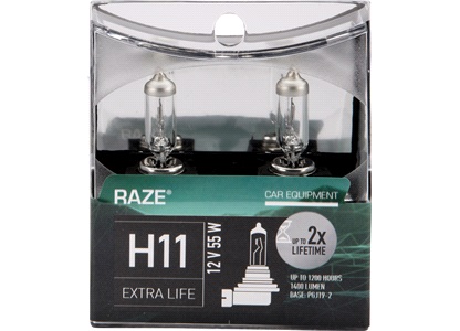 H11 Extra Life, 12V-55W, RAZE, 2-Pack