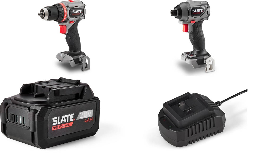  SLATE Kombisæt - Boremaskine, slagskruemaskine, Lader og Batteri